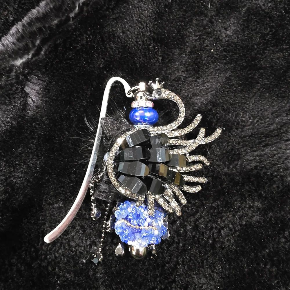 Elegant Black and Blue Crystal Swan Bookmark